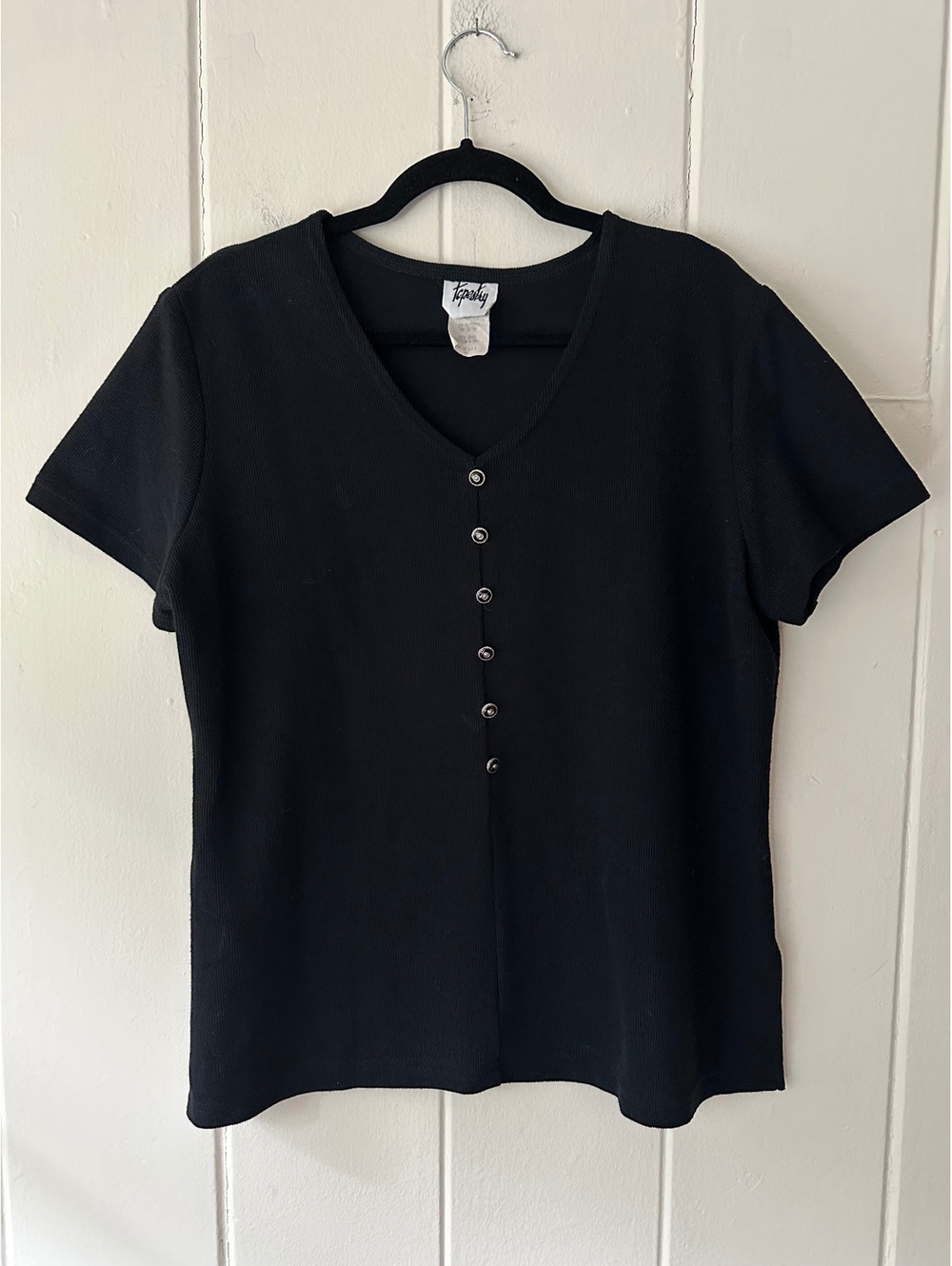 Vintage 90s Tapestry Black Ribbed Knit Top Metal Crest Buttons Size 14 Large/XL